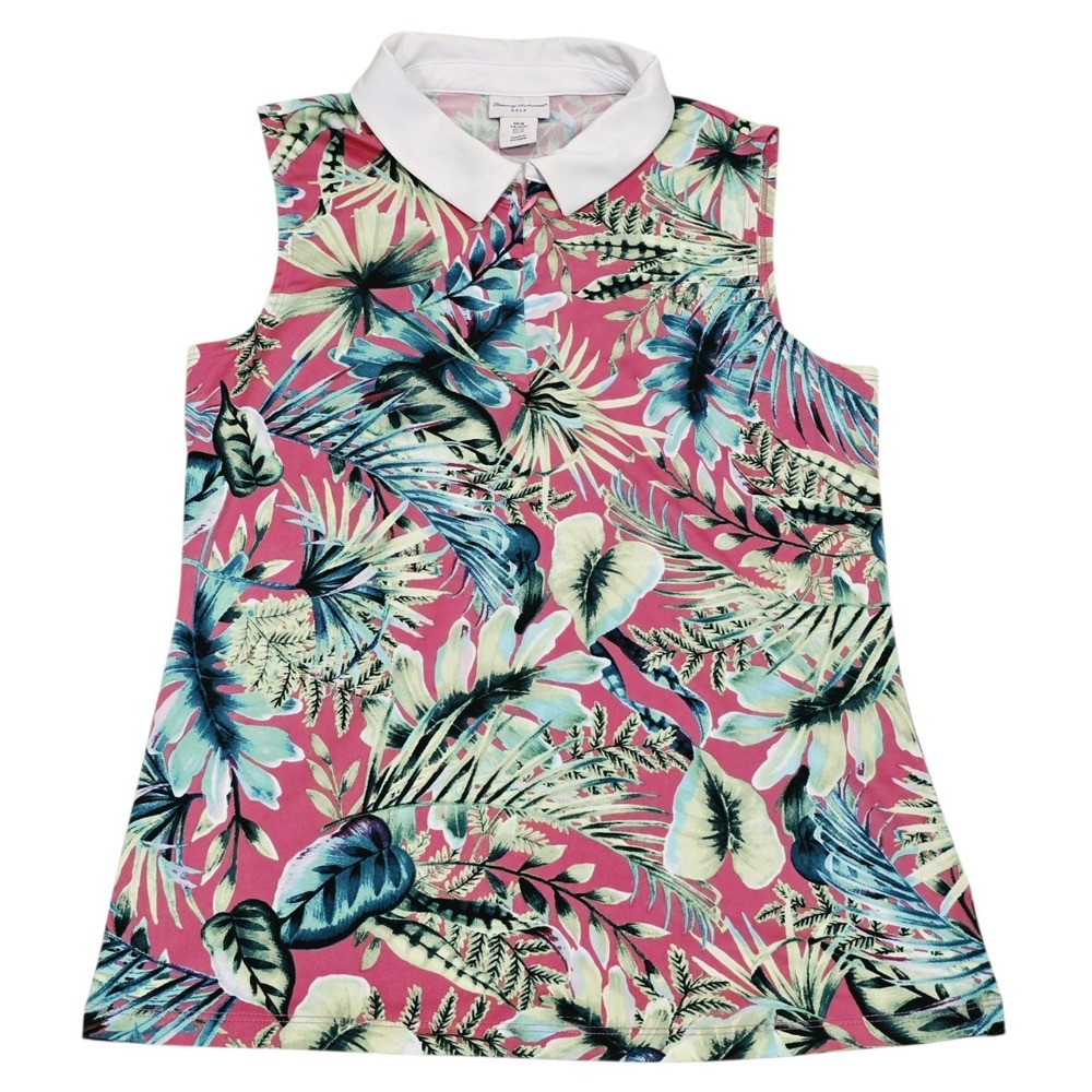 Tommy Bahama Golf Polo Womens Medium Pink Tropical Floral Sleeveless Shirt Zip